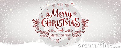 Christmas and New Year Typographical on shiny Xmas background with winter landscape with snowflakes, light, stars. Merry Christmas Stock Photo