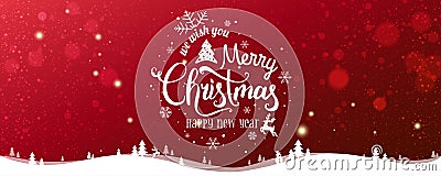 Christmas and New Year Typographical on snowy Xmas background with winter landscape with snowflakes, light, stars. Stock Photo