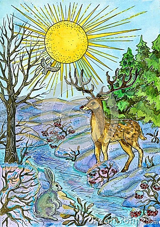 Christmas and New Year watercolor illustration with deer and rabbit in scenic winter forest in sunny day. Seasonal greeting card Cartoon Illustration