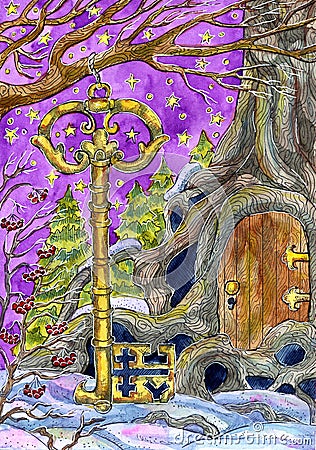 Christmas and New Year watercolor illustration with old decorated key hanging on tree branch in fable winter forest. Seasonal Cartoon Illustration