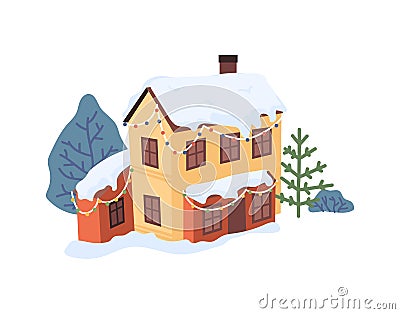 Winter Christmas cottage house and snow, fur trees, chalet Vector Illustration