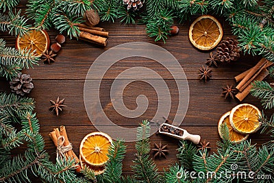 Christmas or New Year wooden background, Xmas wooden board framed with season decorations Stock Photo