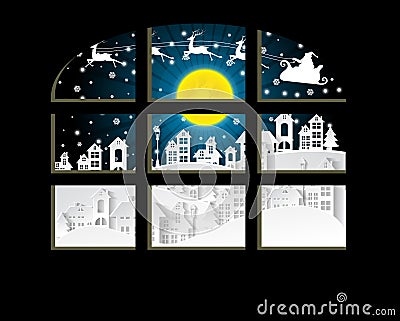 Christmas and New Years background with santa claus and village Landscape in window Vector Illustration