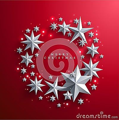 Christmas and New Years red background with frame made of stars Vector Illustration