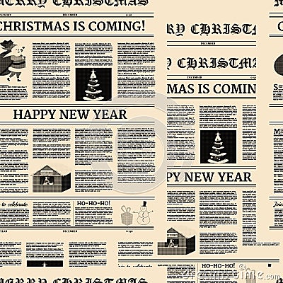 Christmas newspaper Seamless background pattern. Old paper retro style. Vector illustration decoration design Vector Illustration
