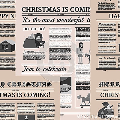 Christmas newspaper Seamless background pattern. Old paper retro style. Vector illustration decoration design Vector Illustration