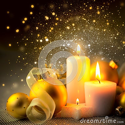 Christmas Night Candles Decoration with Glitter and Baubles Stock Photo