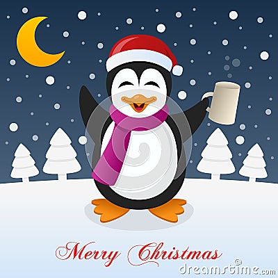 Christmas Night with Drunk Funny Penguin Vector Illustration