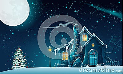 Christmas night with a fabulous house and a Christmas tree Vector Illustration