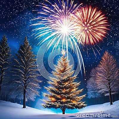 christmas night fireworks ai render year new holiday Cartoon Illustration