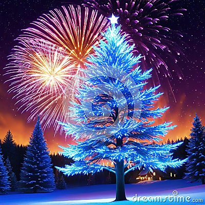 christmas night fireworks ai render year new holiday Cartoon Illustration