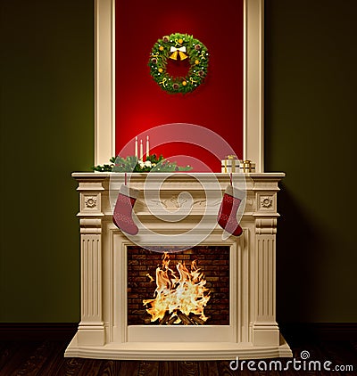 Christmas night interior with fireplace 3d rendering Stock Photo