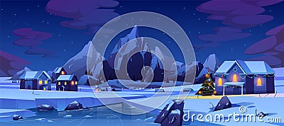 Christmas night in mountain city or Canada, xmas Vector Illustration