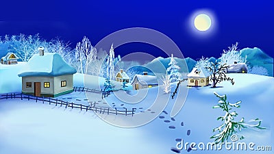 Christmas Night in Old Traditional Ukrainian Village Cartoon Illustration