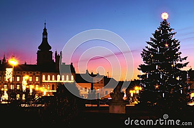 Christmas night scene in historical town - christmas tree Stock Photo