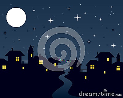 Christmas Night Town Scene Vector Illustration