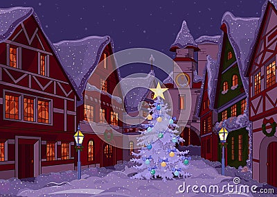 Christmas night at town Vector Illustration