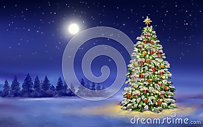 Christmas night, christmas tree on winter background, Decorative Christmas wallpaper, art illustration painted with Cartoon Illustration