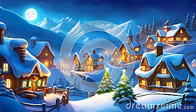 Christmas night in the village. Snow houses. Conceptual art landscape book illustration. Cartoon Illustration