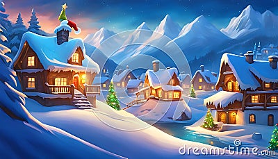 Christmas night in the village. Snow houses. Conceptual art landscape book illustration. Cartoon Illustration