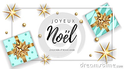 Christmas Noel modern white background with gifts box with a gold bow. Template for postcard, booklet, leaflet, poster Vector Illustration