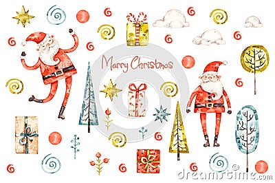 Christmas nursery set with happy cute Santa Claus for celebration decoration design. Watercolor naive handpainted. Cartoon Illustration