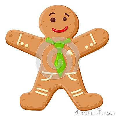 Christmas oatmeal cookie in shape of smiling human. Gingerbread man decorated with colored icing. Vector Illustration