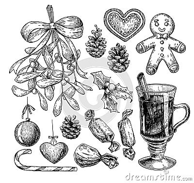 Christmas object set. Hand drawn illustration. Xmas icons Vector Illustration