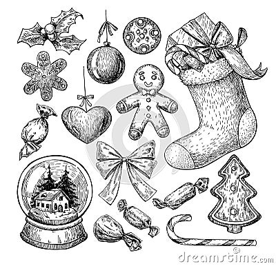 Christmas object set. Hand drawn vector illustration. Xmas icons Vector Illustration