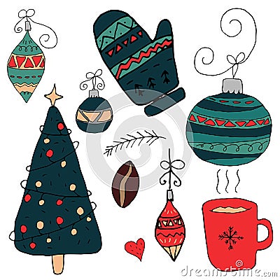 Christmas objects in hand drawn style isolated on a white background. Vector Illustration