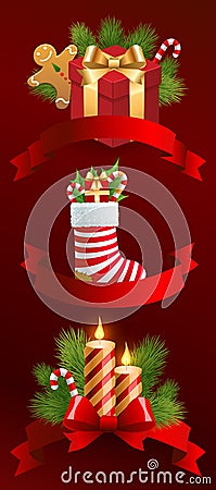 Christmas objects with ribbons. Vector Illustration