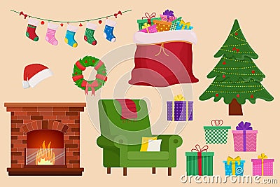 Christmas objects set. Holiday objects collection illustration: fireplace, sofa, santa bag, christmas socks, gift Vector Illustration