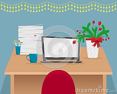 Christmas office workplace with fir-tree branches. Vector Illustration