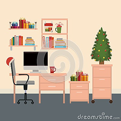 Christmas office workplace scene with christmas tree and gifts Vector Illustration