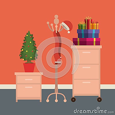 Christmas office workplace scene with file cabinets and christmas decoration and gifts Vector Illustration