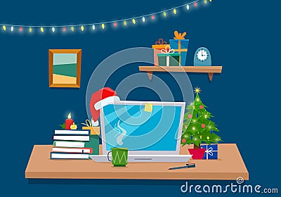 Christmas office workplace. Table with computer, gifts, christmas tree, books . Vector Illustration