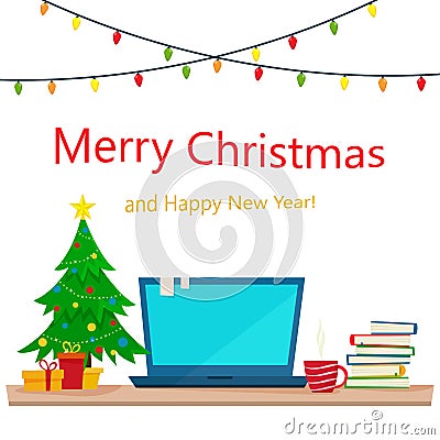 Christmas office workplace. Table with computer, gifts, christmas tree, books and a cup of hot coffee or tea. Freelancer workspace Vector Illustration