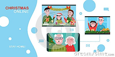 Christmas online. People using video conference service for collective holiday virtual celebration, xmas party online with family. Vector Illustration