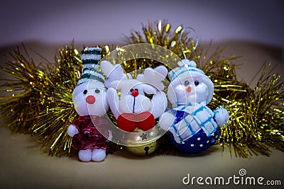 Christmas Ornament, Stuffed Snowman, Reindeer with rattle Stock Photo