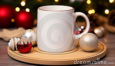 Christmas ornament, table, drink, winter, Christmas lights, Christmas decoration, tree, gift generated by AI Stock Photo