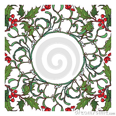 Christmas ornamental circular frame. Holly and fir branches with leafs berries and cones. Christmas greeting card Vector Illustration