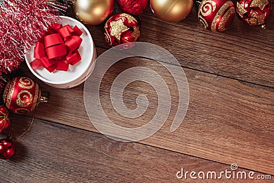 Christmas ornaments and gifts on a wooden table. Holidays christmas background. Copy space for text or design. View from above Stock Photo