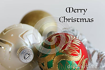 Christmas Ornaments and Merry Christmas text Stock Photo