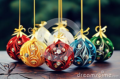 Christmas ornaments paper quilling craft, colorful Christmas baubles Stock Photo