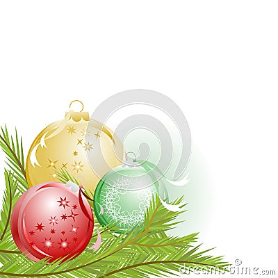 Christmas ornaments and pine twigs Vector Illustration