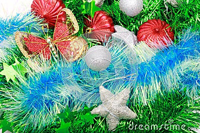 Christmas ornaments, stars, cones, balls, tinsel. Stock Photo