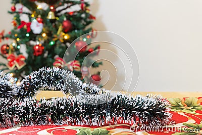 Christmas ornaments with tree and festive bokeh lighting, blurred holiday background Stock Photo