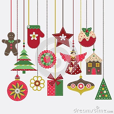 Christmas Ornaments Vintage Felt Decoration Card Prints Vector Illustration