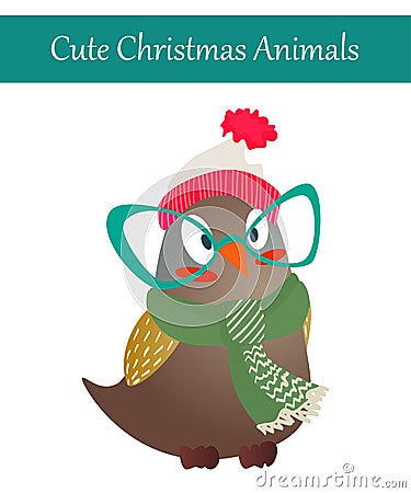 Christmas Owl Bird Wearing Warm Winter Clothes Vector Illustration