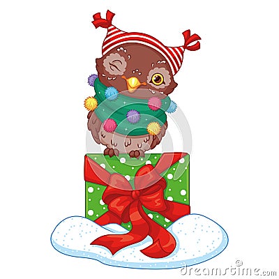 Christmas owl with gift cartoon vector illustration Vector Illustration